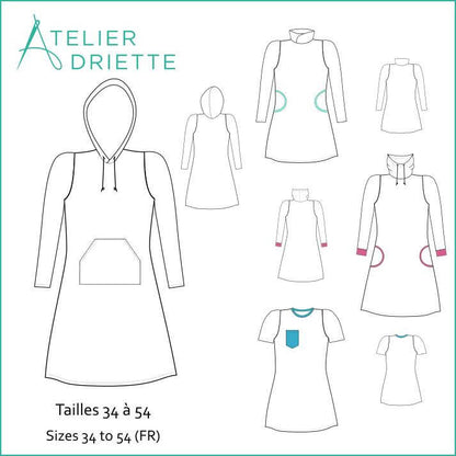 Patron de couture pdf à télécharger pour Robe Sweat MILA pour femmes du 34 au 54, options encolure et manches, Atelier Driette