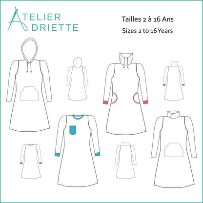 Patron de couture pdf à télécharger pour Robe Sweat Mini-MILA pour filles du 2 au 16 Ans avec multiples options de style.