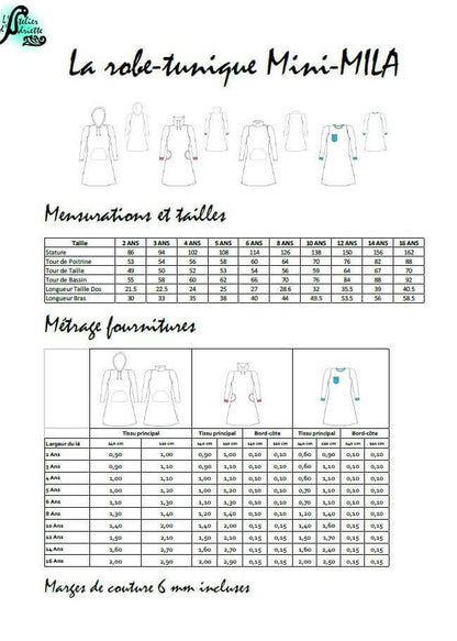 Patron de couture PDF à télécharger pour Robe Sweat Mini-MILA pour filles du 2 au 16 Ans avec options d'encolure et poches.