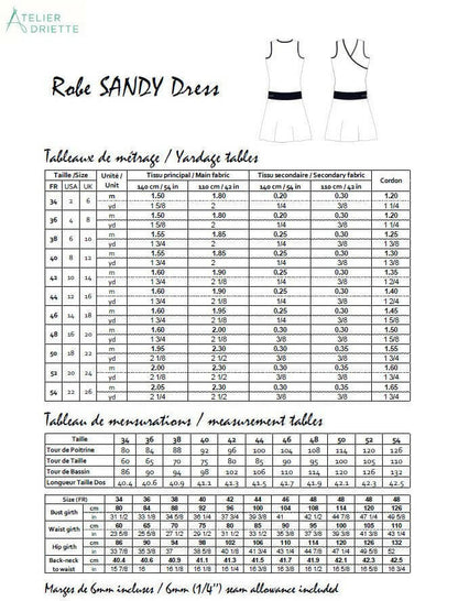Guide des tailles et métrage pour SANDY - La robe cache-coeur pour femmes du 34 au 54, patron de couture pdf à télécharger.