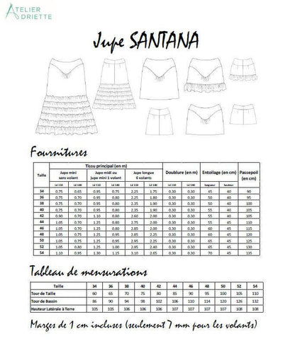 SANTANA - Jupe longue à volants pour femmes du 34 au 54, patron de couture pdf à télécharger, tableau de mesures et fournitures