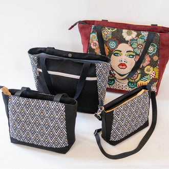 Sac cabas et sac à main, 4 tailles – Cumin avec motifs variés, patron de couture pdf à télécharger, options de fermeture disponibles.