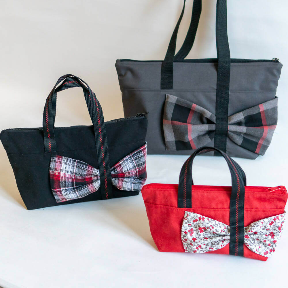 Sac cabas, trousse avec nœud, 3 formats – Groseille en trois tailles avec motifs à carreaux et floraux, patron de couture pdf à télécharger.