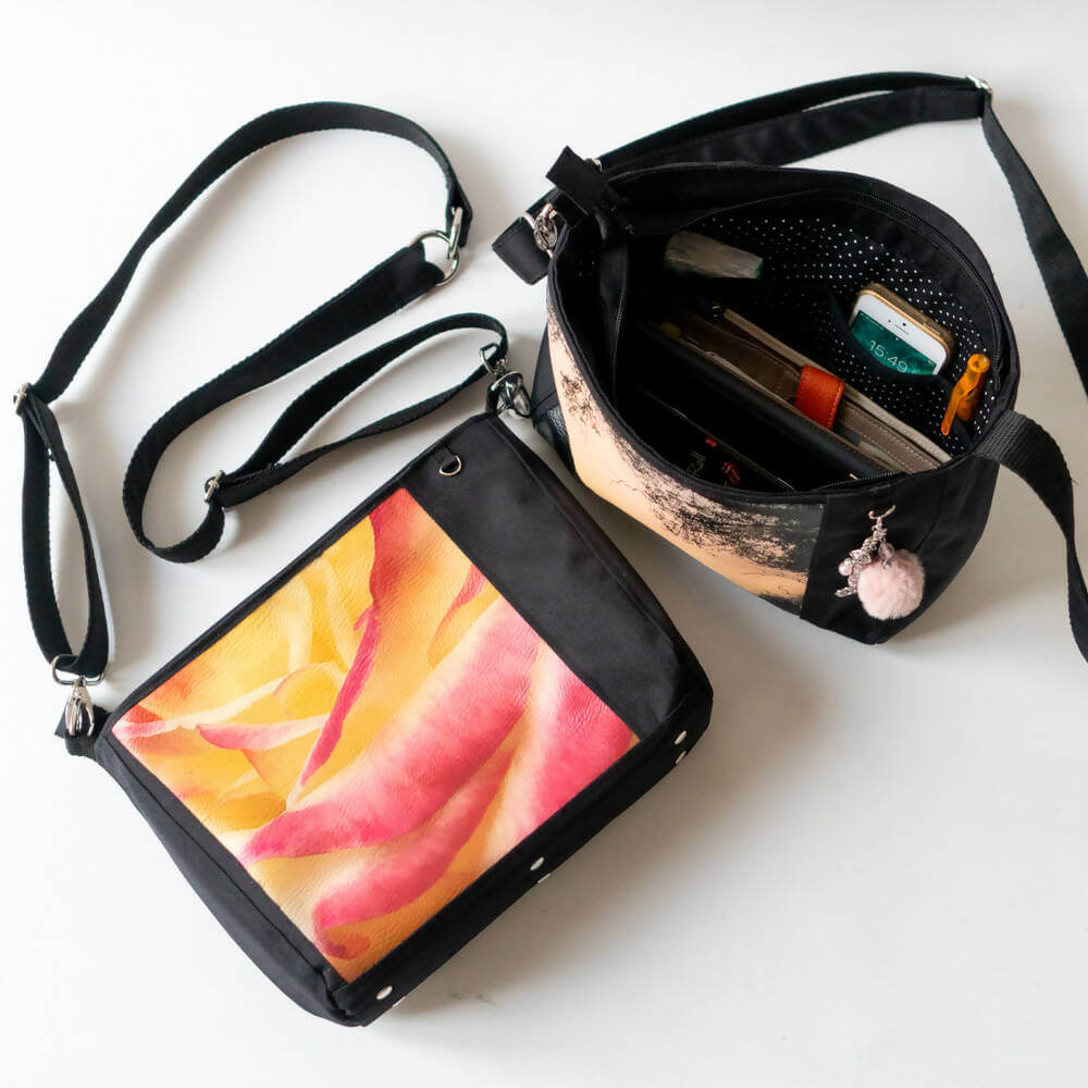 Sac à main – Léon avec sangle amovible, patron de couture pdf à télécharger, ouvert montrant l'intérieur fonctionnel.