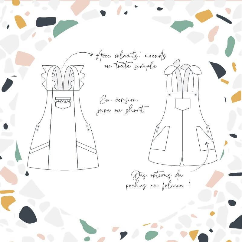 Patron de couture PDF à télécharger pour Salopette jupe & Short Honolulu - T34 à 48 avec options de finitions.