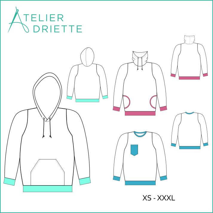 Patron de couture pdf à télécharger pour Sweat Maxi-TITUS du XS au XXXL avec options de poches et encolures.
