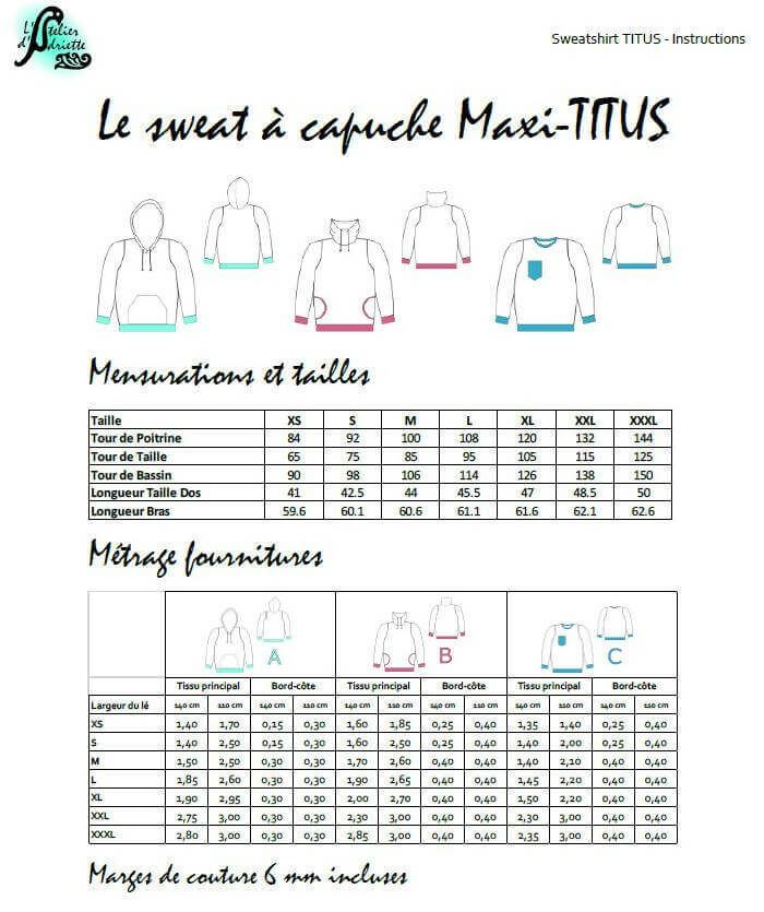 Tableau des tailles et fournitures pour le Sweat Maxi-TITUS du XS au XXXL, patron de couture pdf à télécharger.