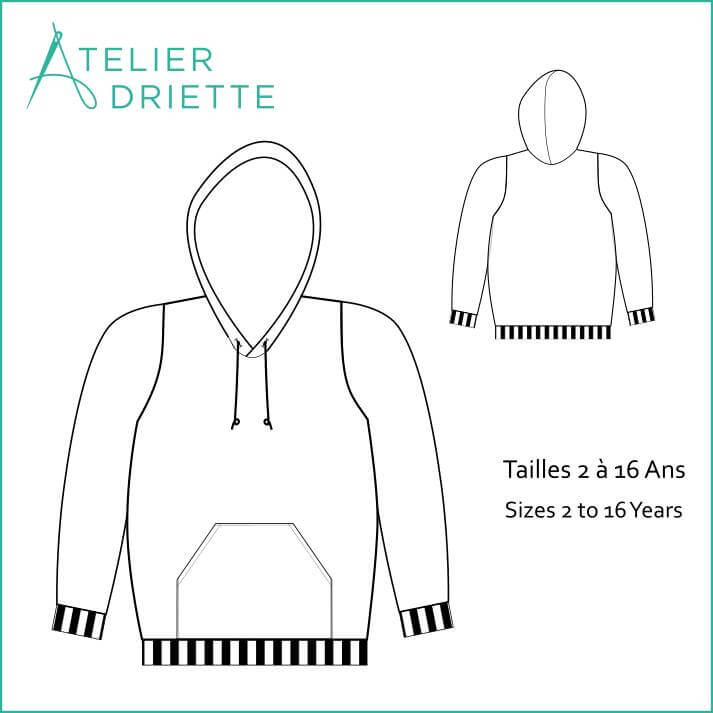 Patron de couture PDF Sweat TITUS du 2 au 16 Ans avec capuche et poche kangourou, tailles disponibles, dessin du modèle.