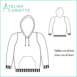 Patron de couture PDF Sweat TITUS du 2 au 16 Ans avec capuche et poche kangourou, tailles disponibles, dessin du modèle.
