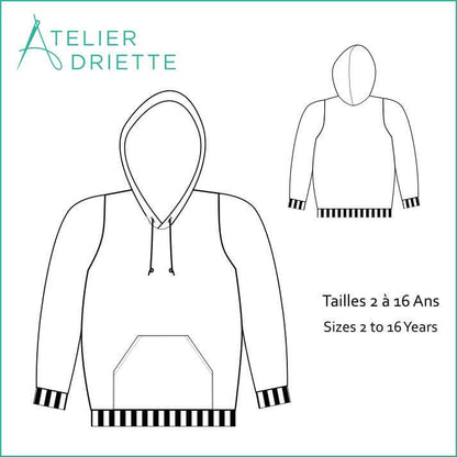 Patron de couture PDF Sweat TITUS du 2 au 16 Ans avec capuche et poche kangourou, tailles disponibles, dessin du modèle.