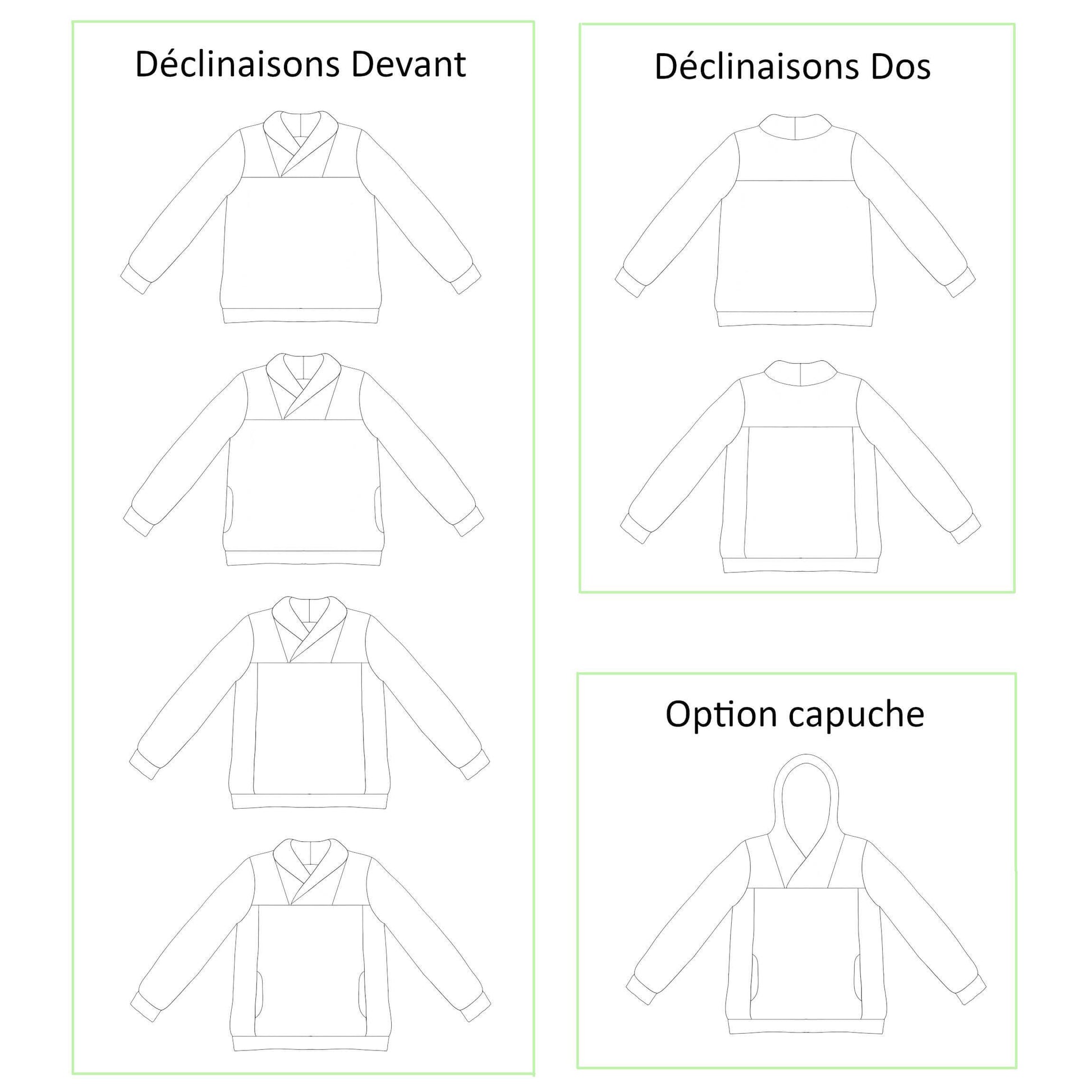 Illustration du "Sweat mixte, XS au 4XL, 2 statures – Anis" avec options de poches et capuche. Patron de couture PDF à télécharger.