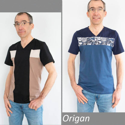 T-shirt homme, 42 au 62, 5 statures – Origan, patron de couture pdf à télécharger, manches courtes, encolure en V.