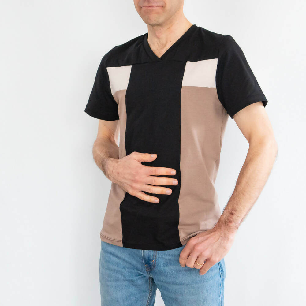 T-shirt homme, 42 au 62, 5 statures – Origan, patron de couture pdf à télécharger, style cintré, manches courtes, encolure en V.