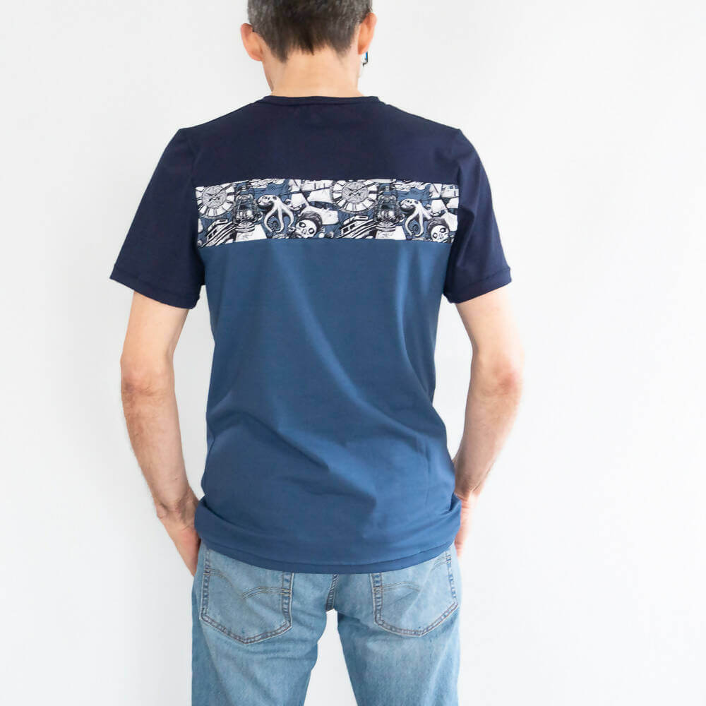 T-shirt homme, 42 au 62, 5 statures – Origan avec patron de couture pdf à télécharger, motifs horizontaux au dos.